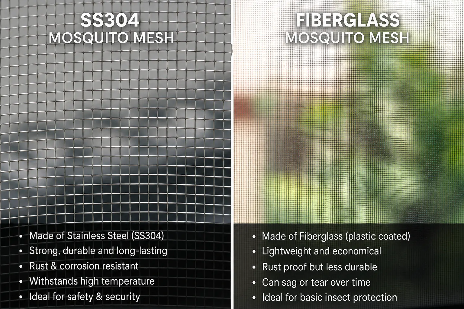 Close-up of SS304 stainless steel mosquito mesh installed in Hyderabad home