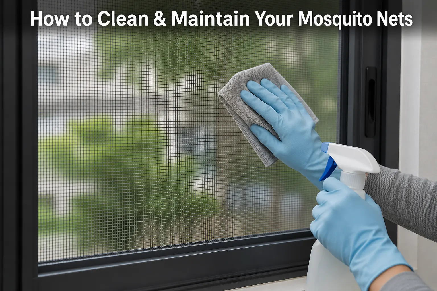 Person cleaning a mosquito net with soft brush and mild soap solution
