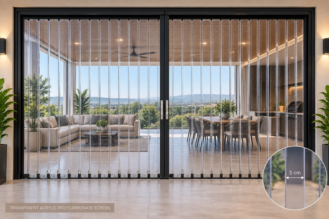 Transparent metal pleated polycarbonate screen for a balcony