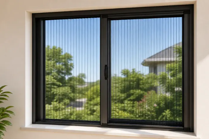 Close-up of retractable pleated mosquito net mesh on a window