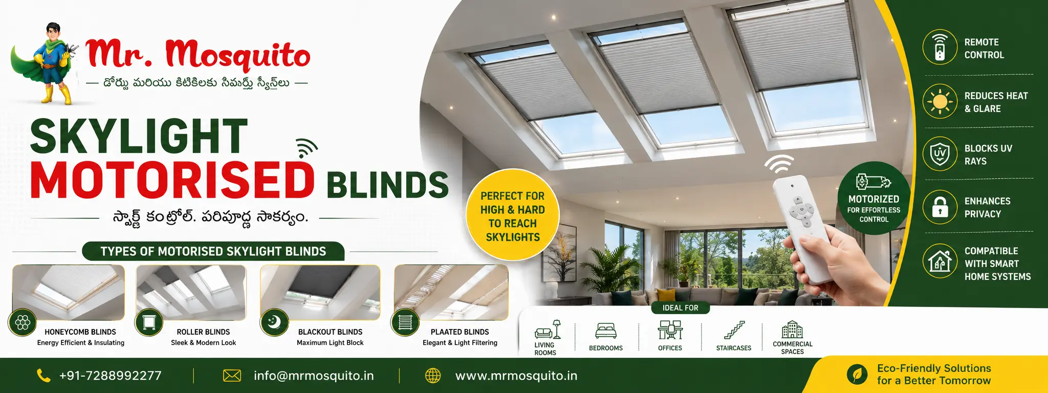 Motorized skylight blinds installed on a glass roof in Hyderabad